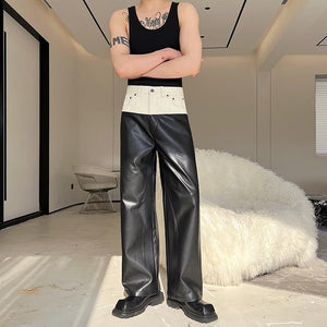 Color Block Denim Paneled PU Leather Trousers