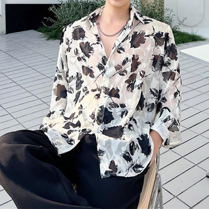 Floral Print Tulle Sheer Long Sleeve Shirt