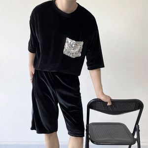 Glitter Sequin Pocket Velvet T-Shirt Shorts Set