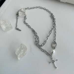 Cross And Bead Trimmed Double Layer Necklace