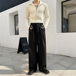 Dark Metal Buckle Trim Straight Pants