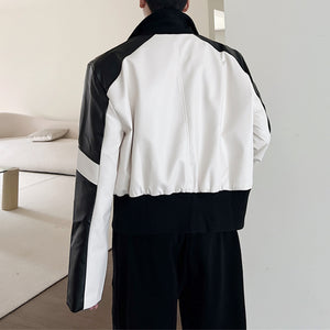 Black and White Stitching PU Leather Short Jacket