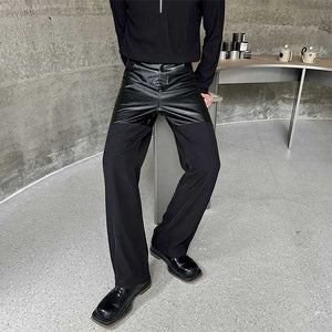 Contrast Color Leather Straight Leg Pants