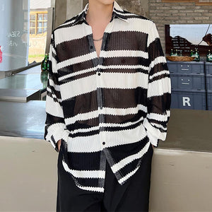 Thin Color Contrast Stripe Hollow Shirt