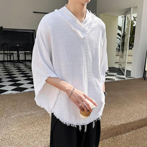 Tassels Raw Edge V Neck Half Sleeves T-Shirt